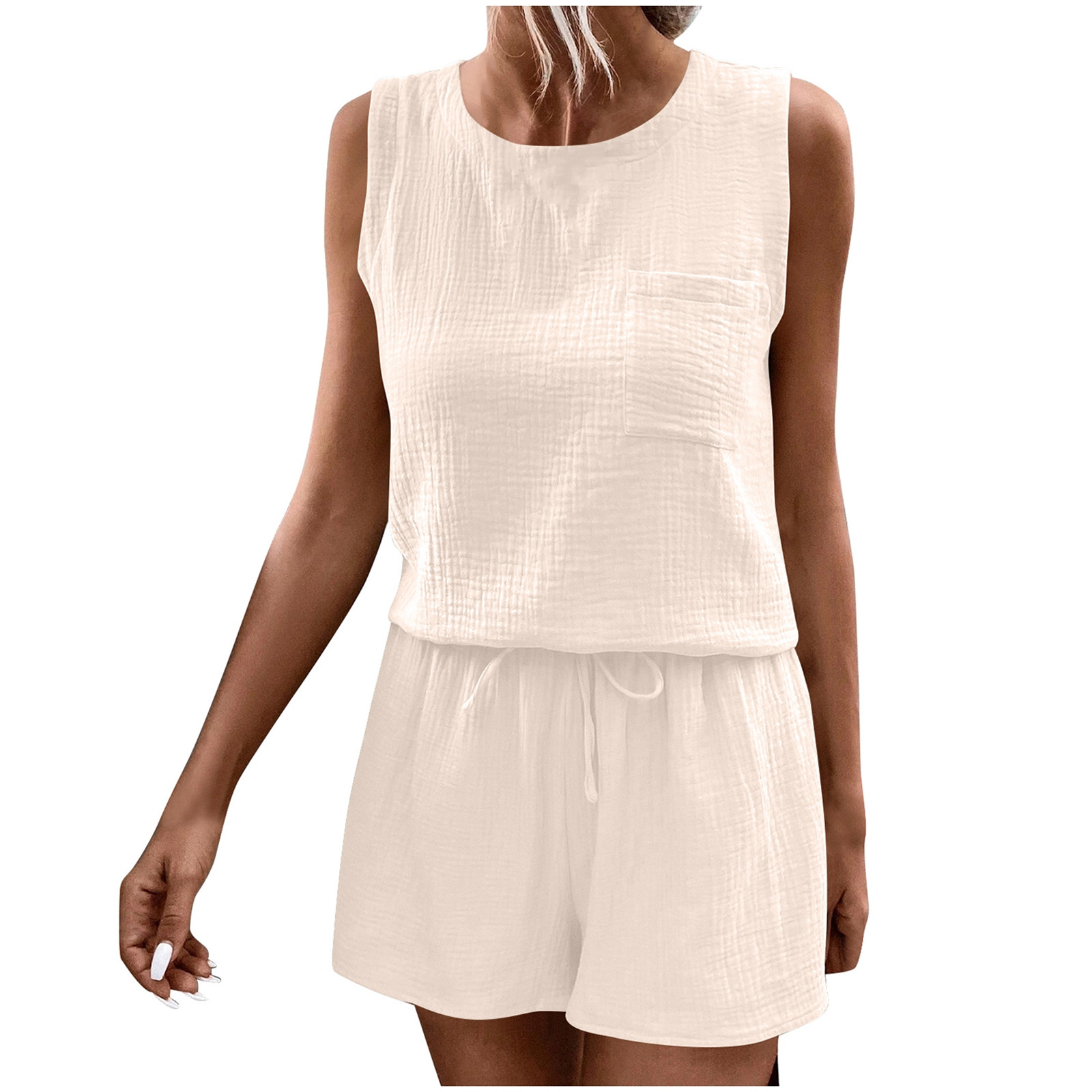 thumbnail image 4 of Conjunto de camiseta sin mangas con cuello redondo y bolsillos y pantalones cortos para mujer - Ropa informal de tejido suave, 4 of 8
